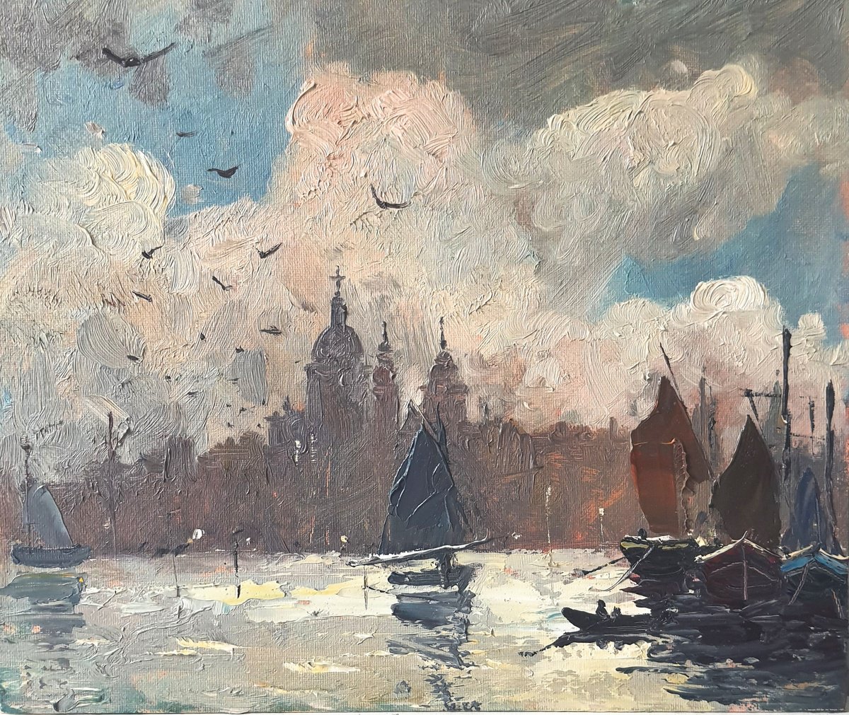 Impressionistic Cityscapes Oil Painting By Roberto Ponte, 12 X 10", Amsterdam St Nicholas, Original Artwork