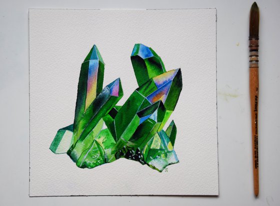 Crystal Painting, Green Quartz Art, Gemstone Watercolour Painting, Mineral Wall Art