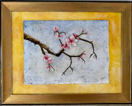 One of a kind Cherry Blossoms Branch Oil Painting on a gessoed masonite with several glazes on charcoal