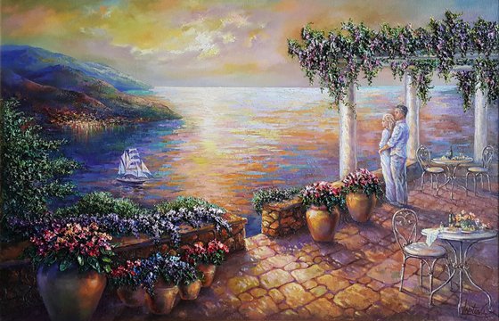 Romantic evening, Amalfi Coast, large romantic painting original oil