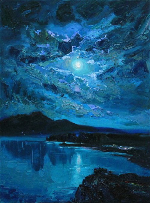 Blue night sky over river by Alisa Onipchenko-Cherniakovska