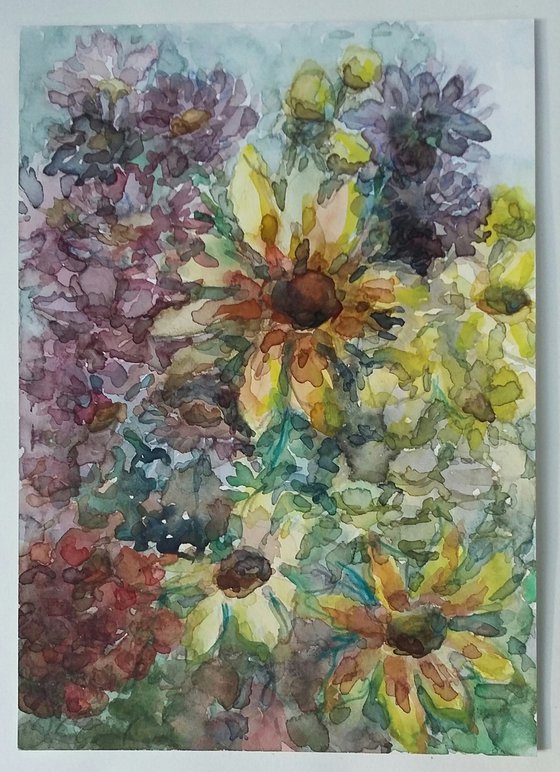 Flower bed. Original watercolour painting.