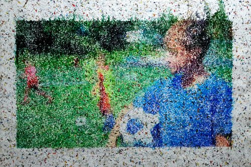 I'd like to play with you (n.502) - "I love football" series - Acrylic painting on shredded paper on wood by Alessio Mazzarulli