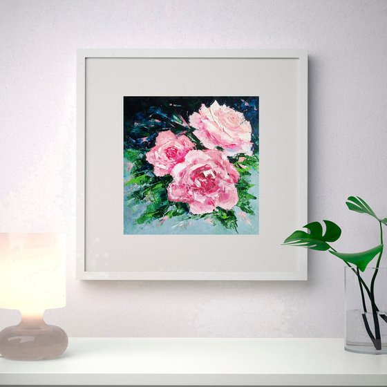 Pink Roses Painting Original Art Small Floral Wall Art Rose Flower Artwork Palette Knife 8 by 8