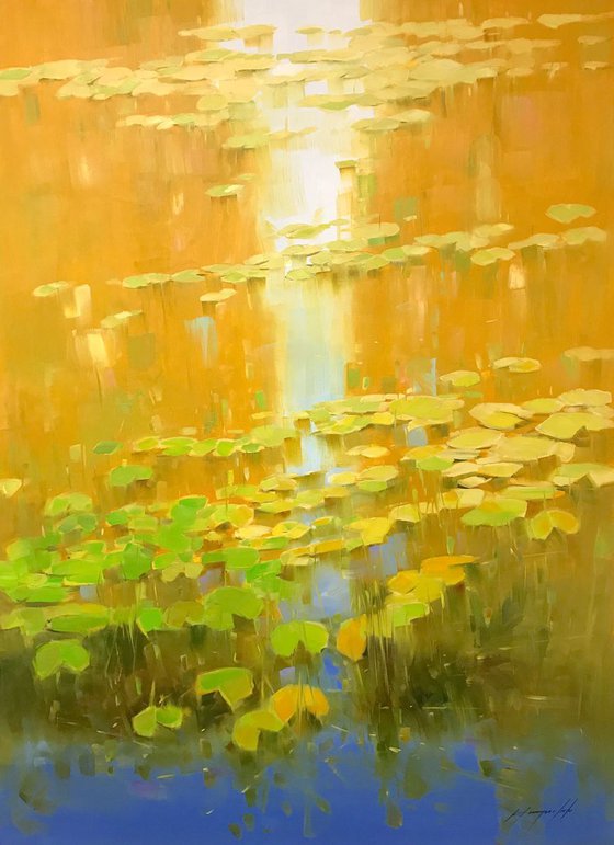 Waterlilies-Fall, Large Original oil Painting, Handmade artwork, One of a Kind
