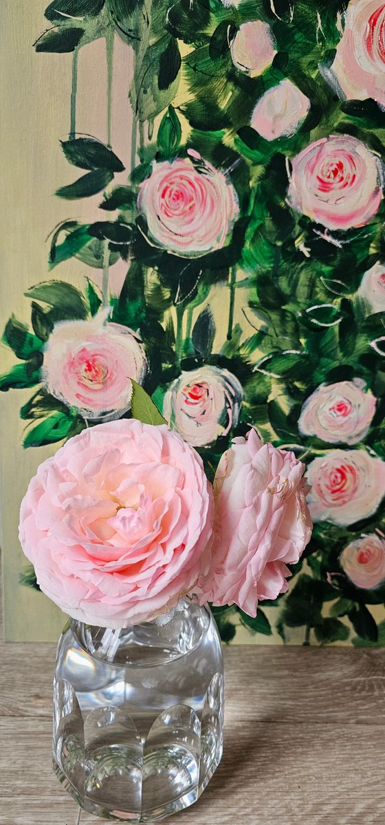 Abstract blooming pink roses bush garden