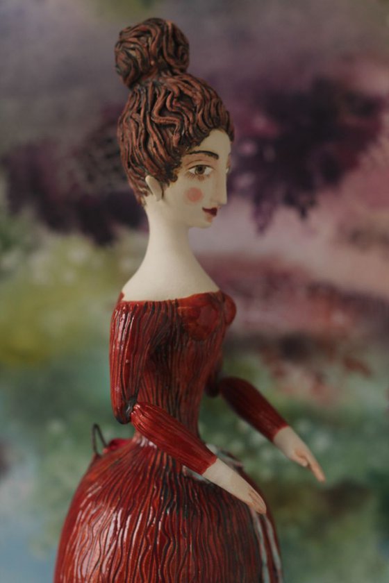 Beautiful Dame with Twirled Updo in Red Dress.  Wall sculpture by Elya Yalonetski