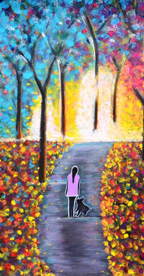 Stroll On The Pathway colorful painting on sale by Manjiri Kanvinde