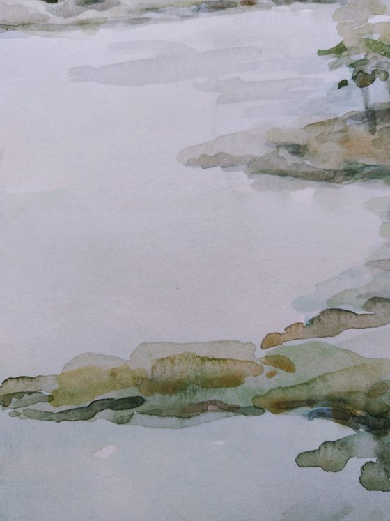 Sketch on the lake. Original watercolour painting.