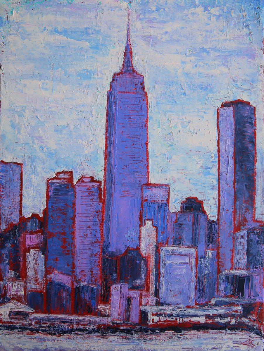 Impressionistic Cityscapes Acrylic Painting By Denys Kuvaiev, 14 X 18, New York City Harbour, Original Artwork