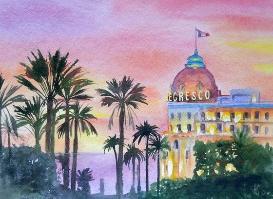 Original Watercolor – The Negresco Hotel, France, Nice, Cote d'Azur, French Riviera