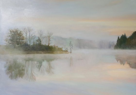 "River Fog 3" River blue oil landscape