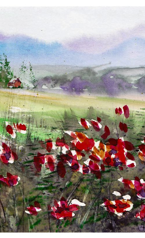 Poppies. Small watercolour painting size 15*21 cm by Yulia Schuster
