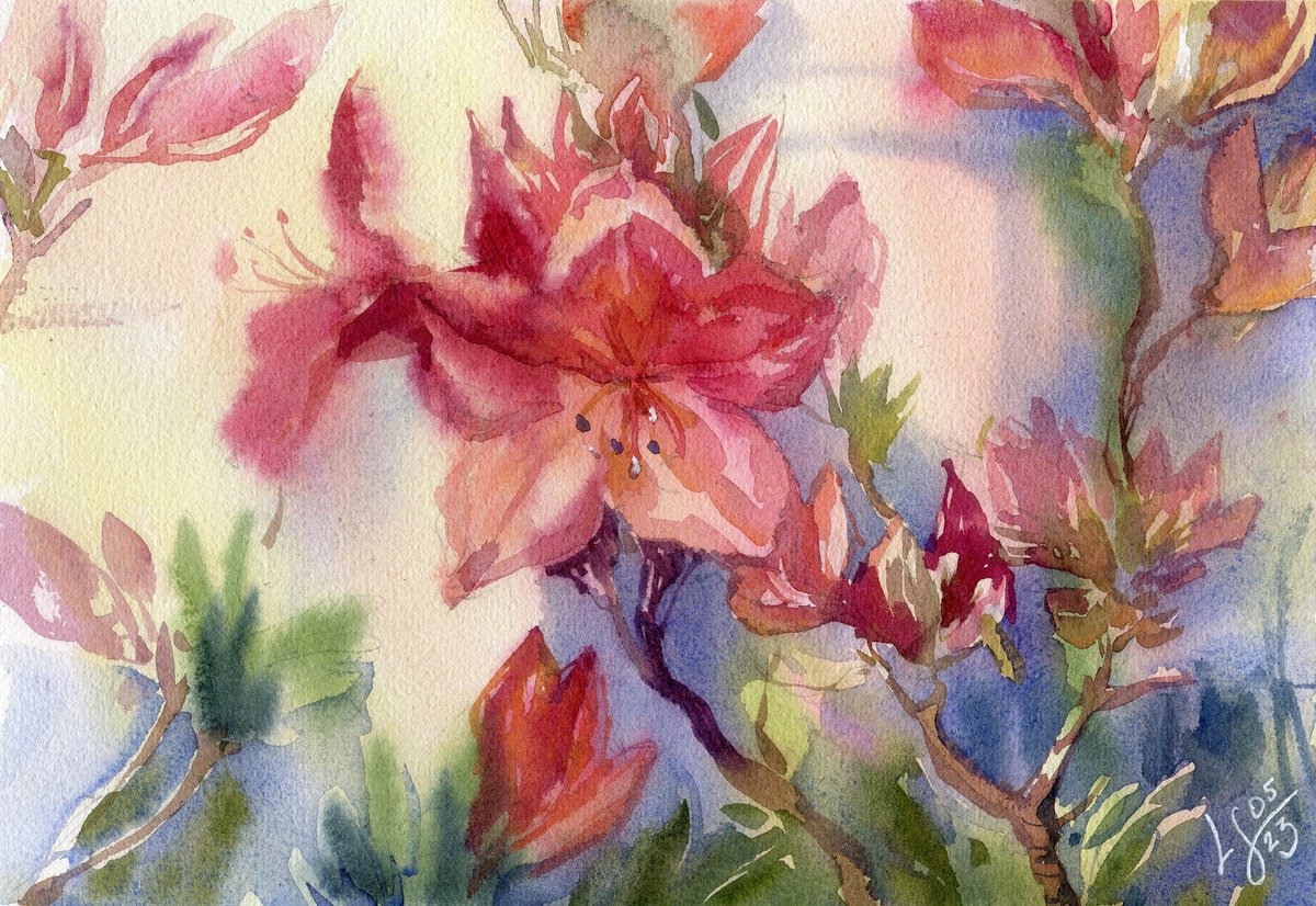 Impressionistic Botanical Watercolour By Svitlana Lagutina, 11 X 8", Radiant Rhododendrons, Original Artwork