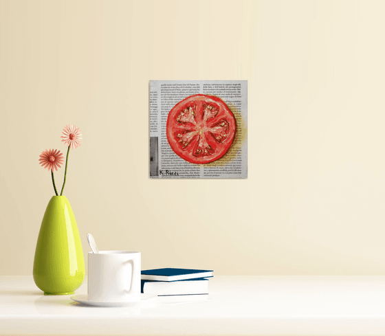 "Tomato on Newspaper" Original Oil on Wooden Hardboard Painting 6 by 6 inches (15x15 cm)