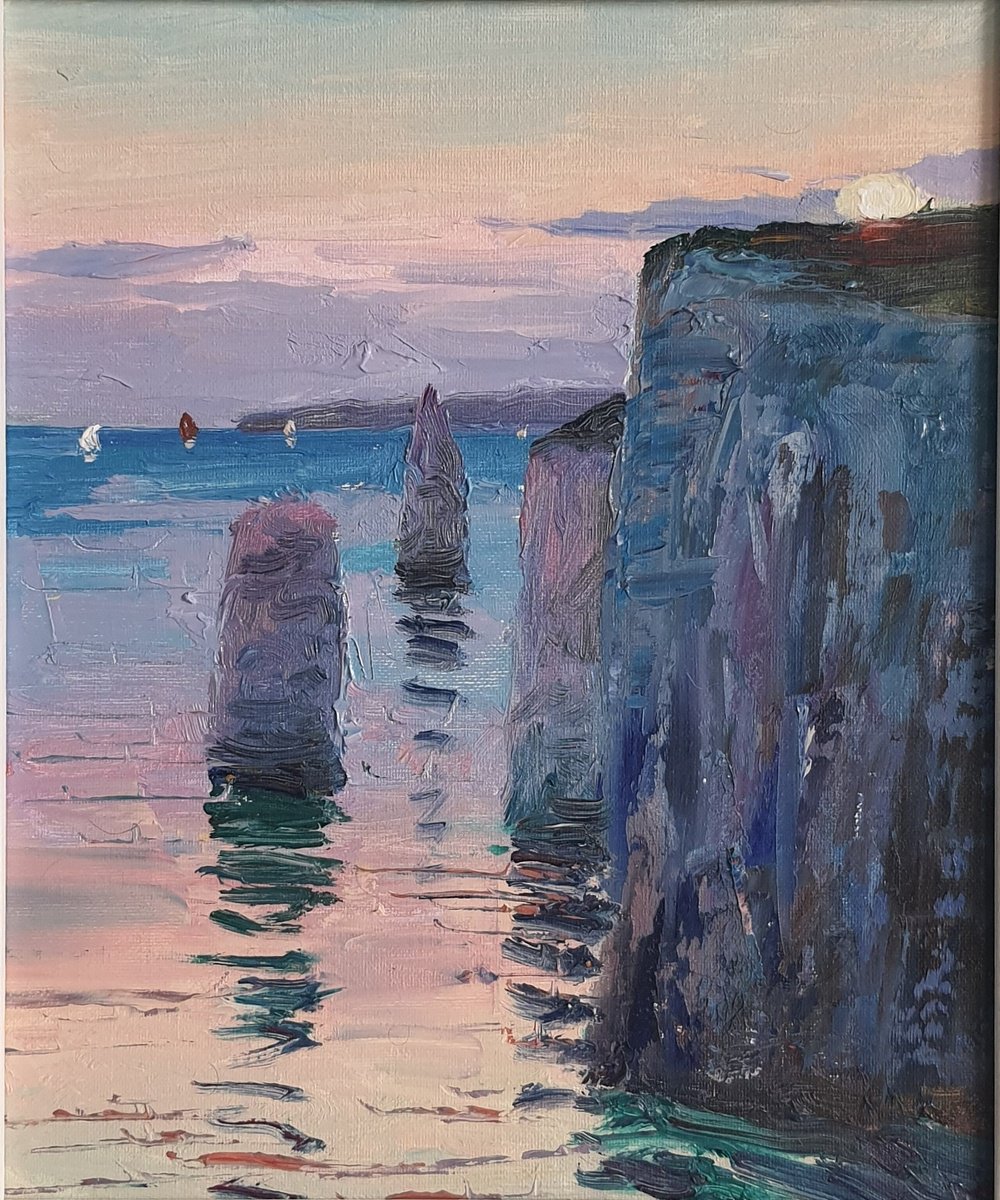 Impressionistic Landscape Oil Painting By Roberto Ponte, 10 X 12", Old Harry Rock Dorset, Original Artwork