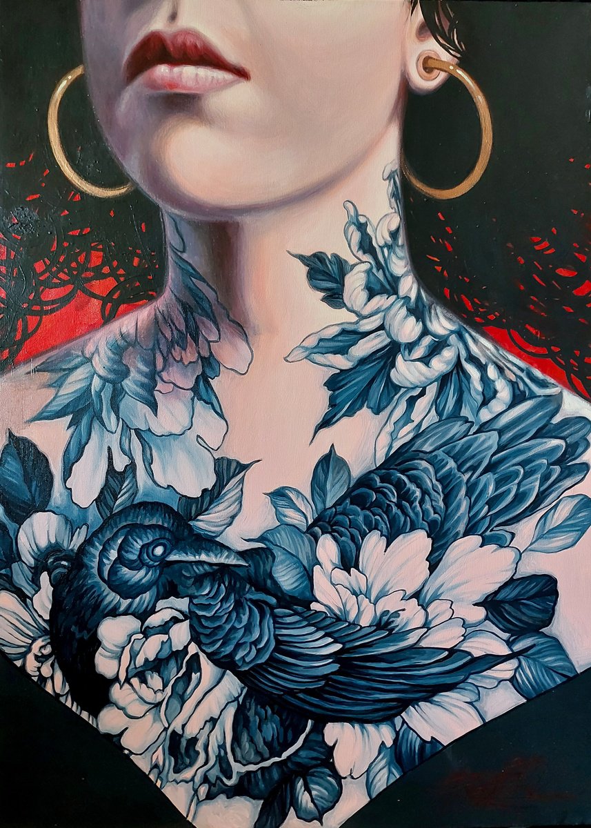 My bird , bird art , bird painting , women art , painting with woman tattoo by Lesja Rygorczuk