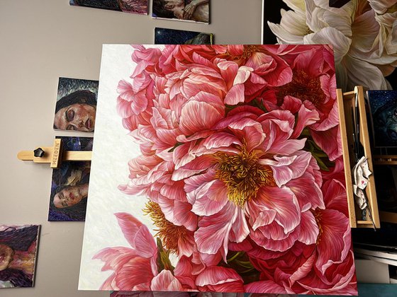 Composition of red peonies