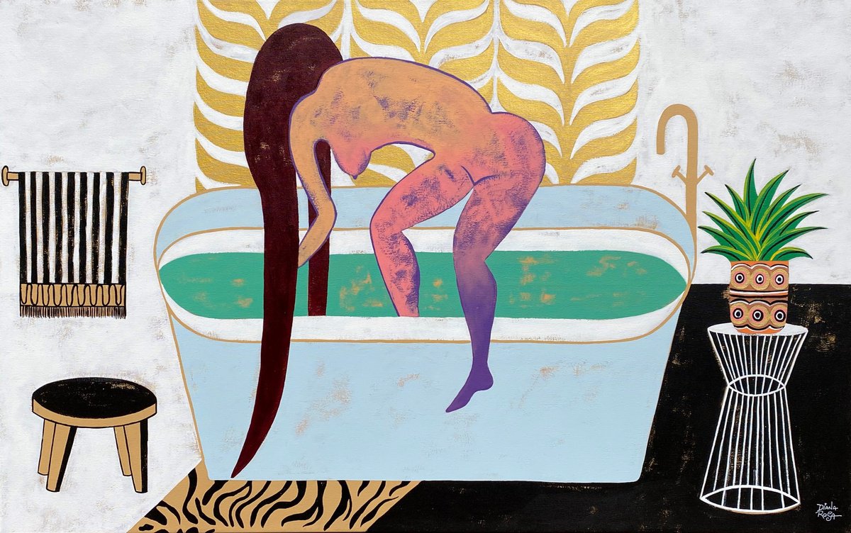 Graphic Portrait Acrylic Painting By Diana Rosa, 48 X 30, She Baths, Original Artwork