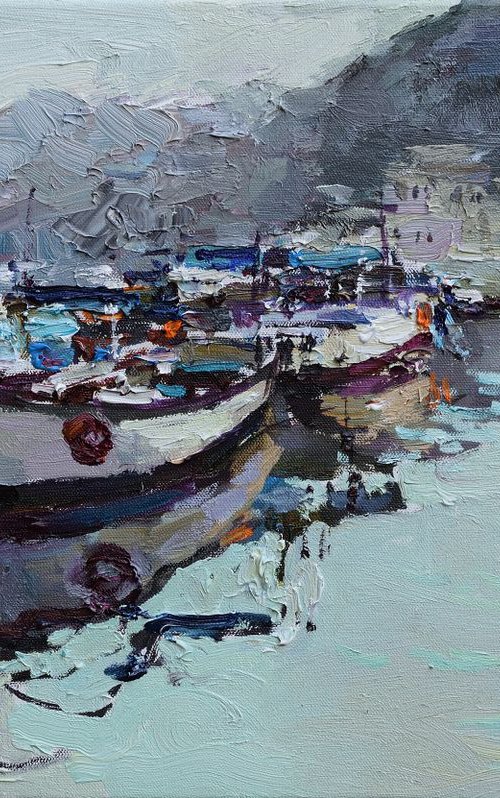 Boats in the bay - Original Landscape painting by Anastasiia Valiulina