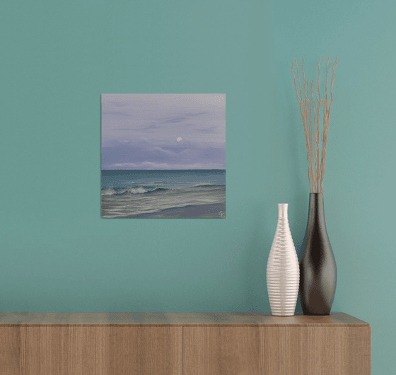 Diamond of the Night, full moon over the ocean painting