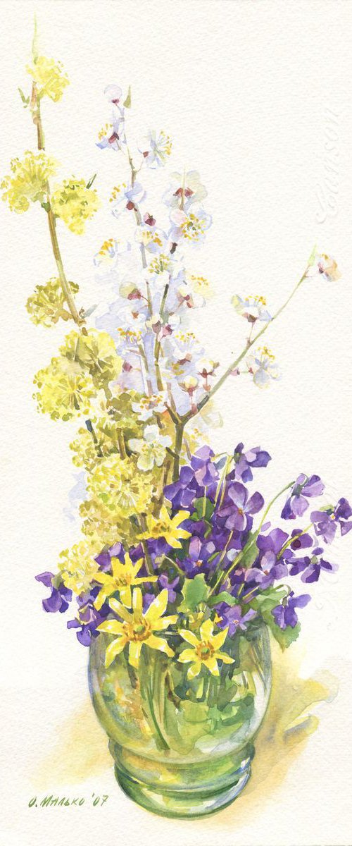 Spring flowers in green glass / Violets & flowering branches. Floral watercolor by Olha Malko