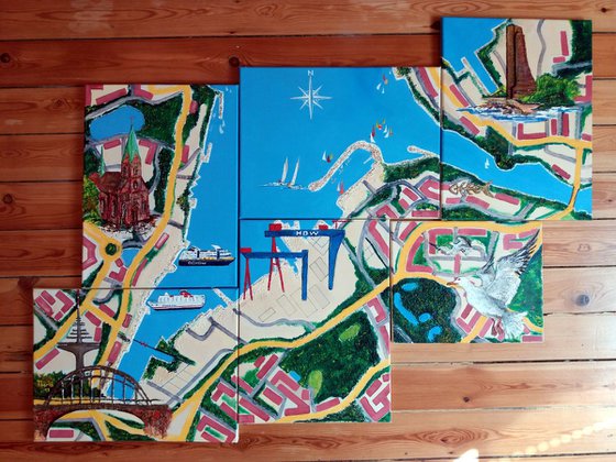 "City Puzzle", original Mixed Media painting on canvas, 110x83x2cm