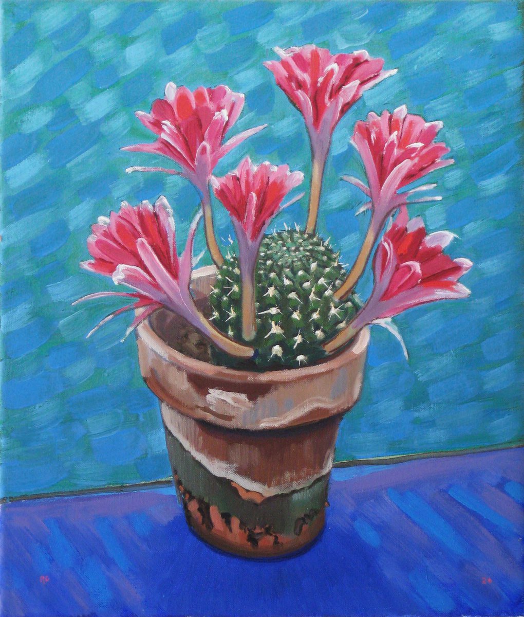 Still Life Oil Painting By Richard Gibson, 12 X 14", Cactus In Flower, Original Artwork