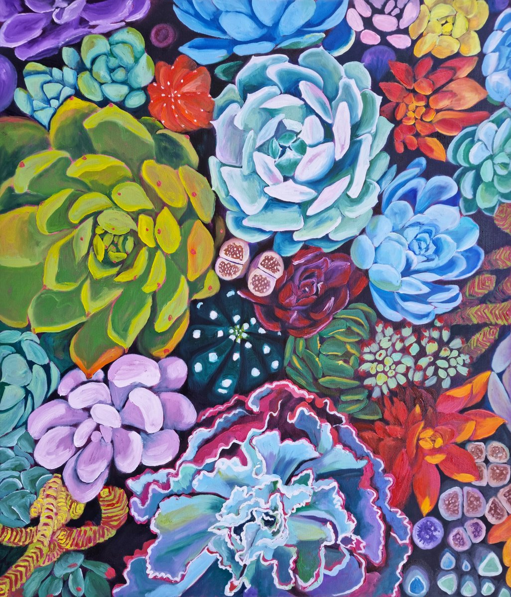 Impressionistic Botanical Oil Painting By Zulfiya Mukhamadeyeva, 24 X 28", Succulents, Original Artwork