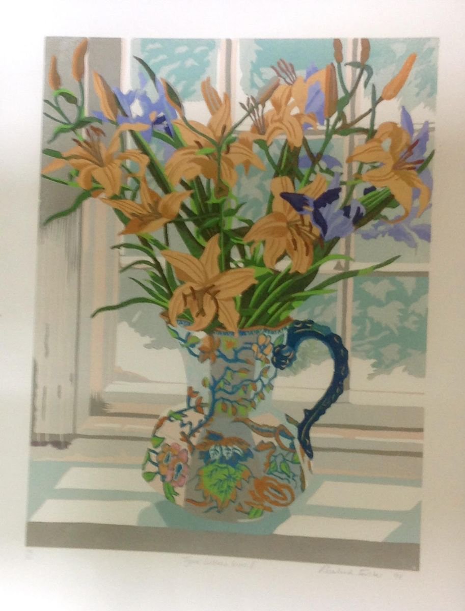 Botanical Linocut By Rosalind Forster, 15 X 19", Tiger Lillies And Irises, Original Artwork