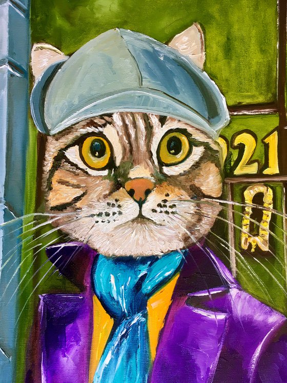 Troy The  Cat- Sherlock Holmes  Baker  Street 221 B   oil painting for cat lovers.