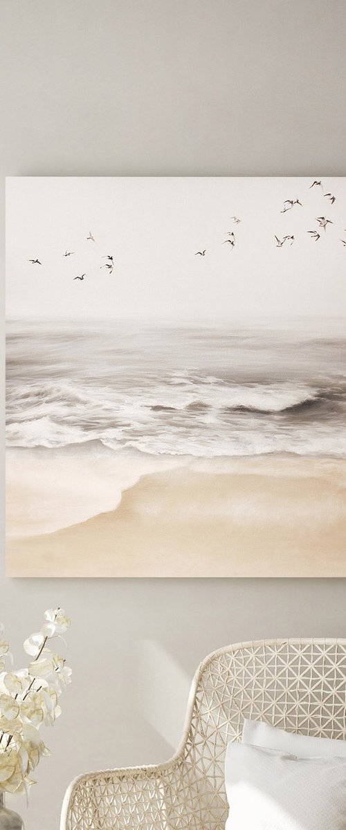 "Sea vibes" Beige sea oil landscape art by Mary Amur