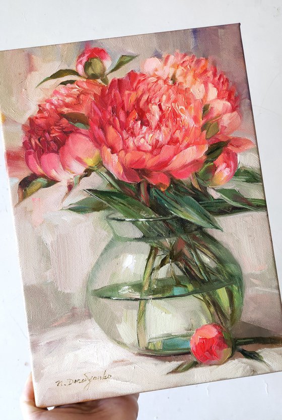 Coral flower painting on canvas, Peony painting original oil, Mothers day painting gift, Flowers in a vase paintings