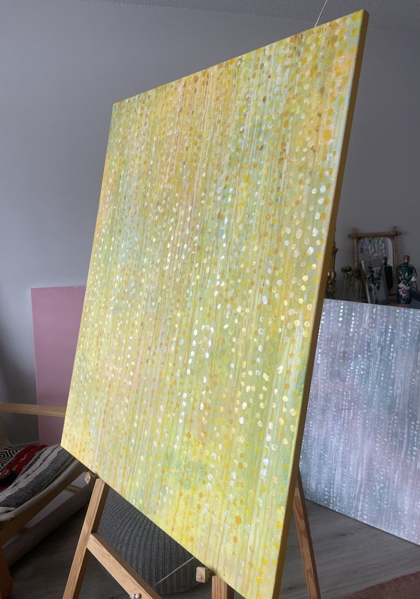 Organic Abstract Acrylic Painting By Maija Nochevnaya, 31 X 39", Rain On The Lemon Solstice, Original Artwork