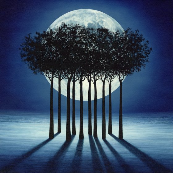 Ethereal Embrace, surreal landscape trees full moon peaceful