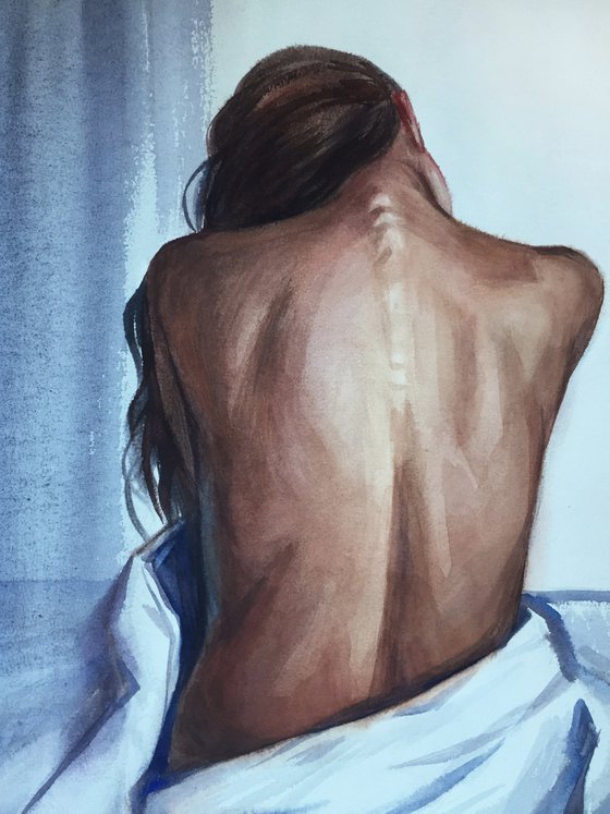 Awakening. Portrait of a girl from the back. Woman's body.