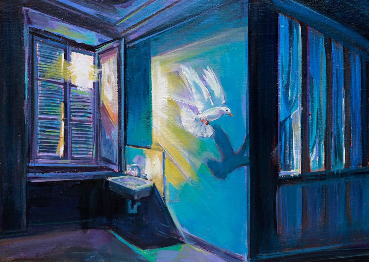 Impressionistic Animal Acrylic Painting By Trayko Popov, 18 X 13", Flying Pigeon - 46X33 Cm, Original Artwork