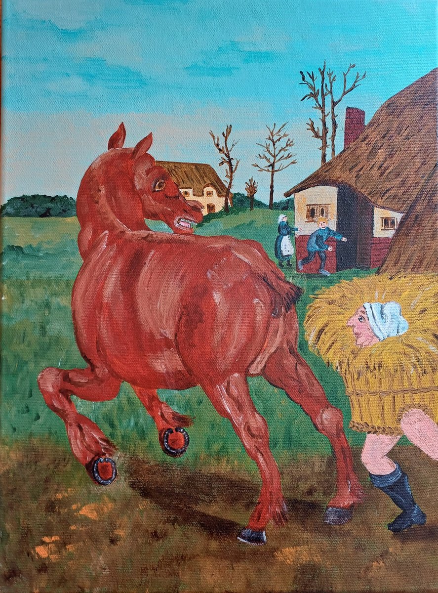Surrealistic Animal Acrylic Painting By Corinne Hamer, 12 X 16, Hay Runs After The Horse, Original Artwork