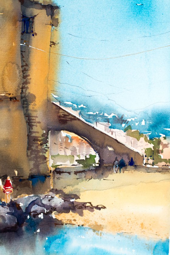 Liguria. Rapallo castle. Original watercolor picture.