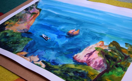 Greece seascape big original watercolor painting, coastal home decor