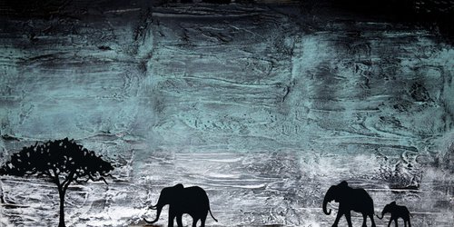 elephants in turquoise haze" africa animal painting by Stuart Wright