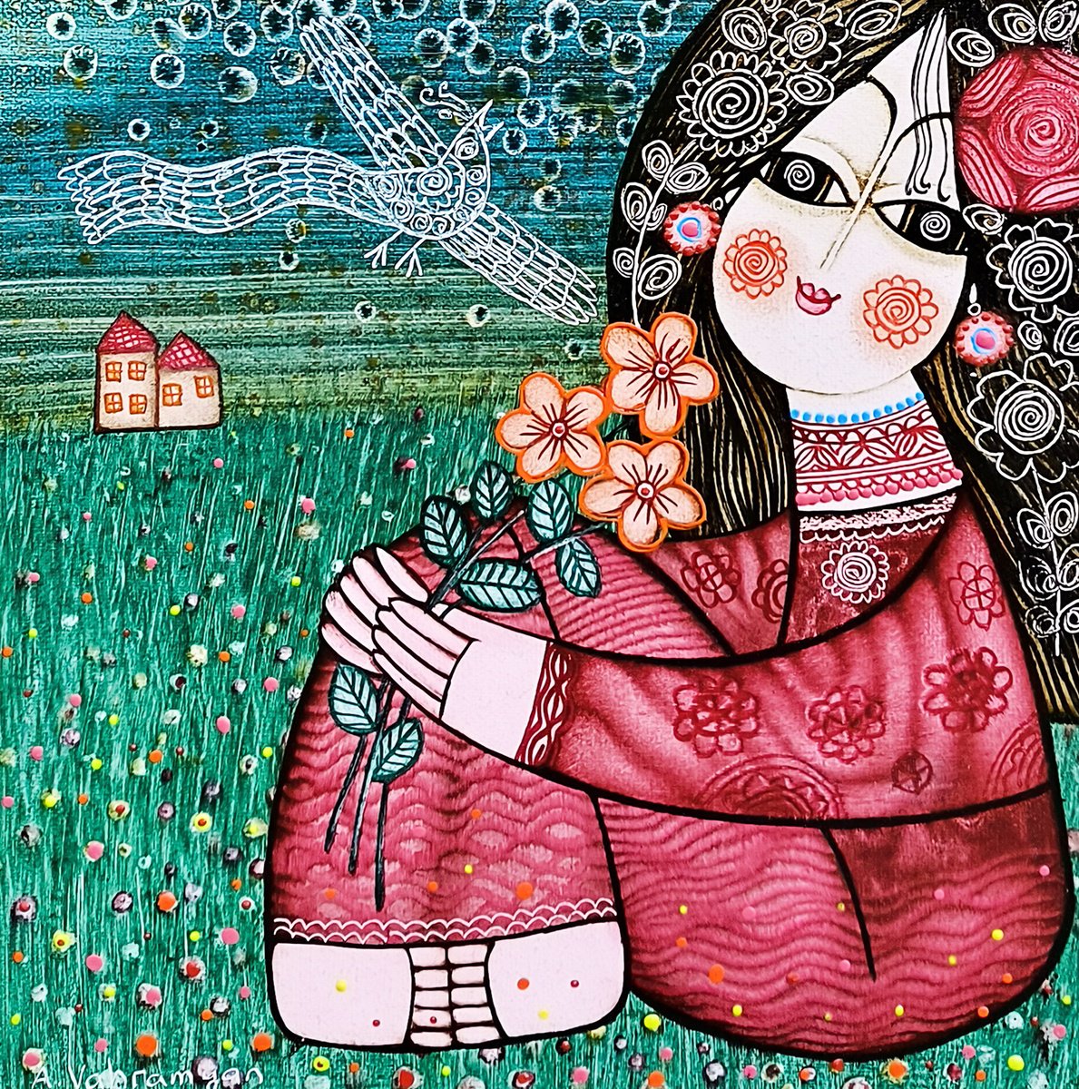 Naive Portrait Oil Painting By Armen Vahramyan, 12 X 12, Innocence In The Fields, Original Artwork