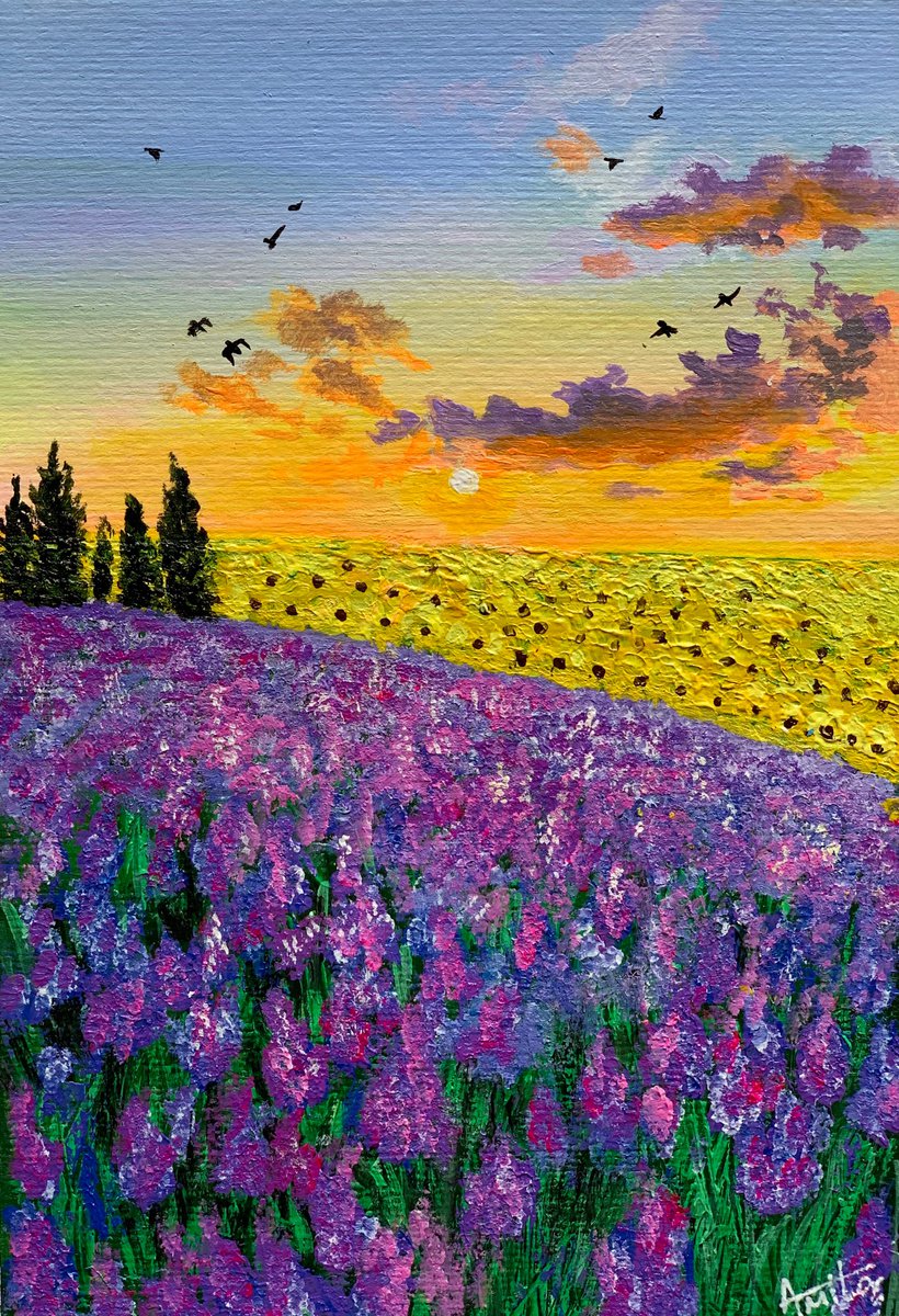 Lavender and sunflower field! Small impressionist painting on paper! by Amita Dand