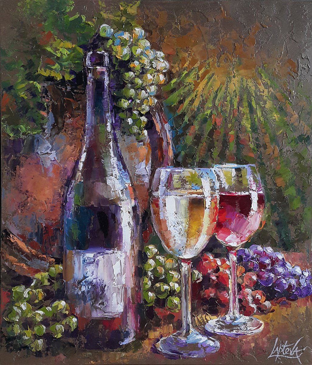 Impressionistic Still Life Oil Painting By Viktoria Lapteva, 24 X 28", Still Life Red And White, Original Artwork