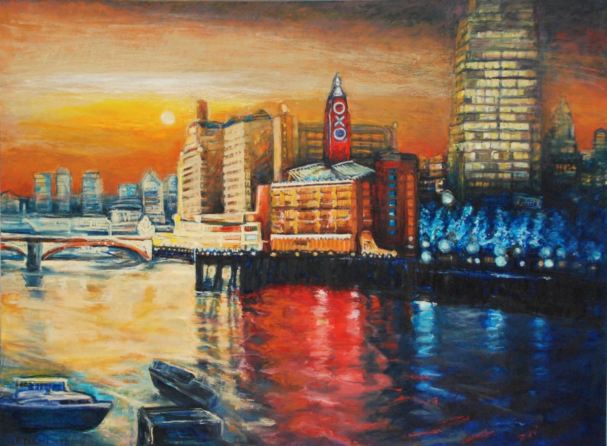 Impressionistic Cityscapes Oil Painting By Patricia Clements, 48 X 36", The Oxo Tower London, Original Artwork