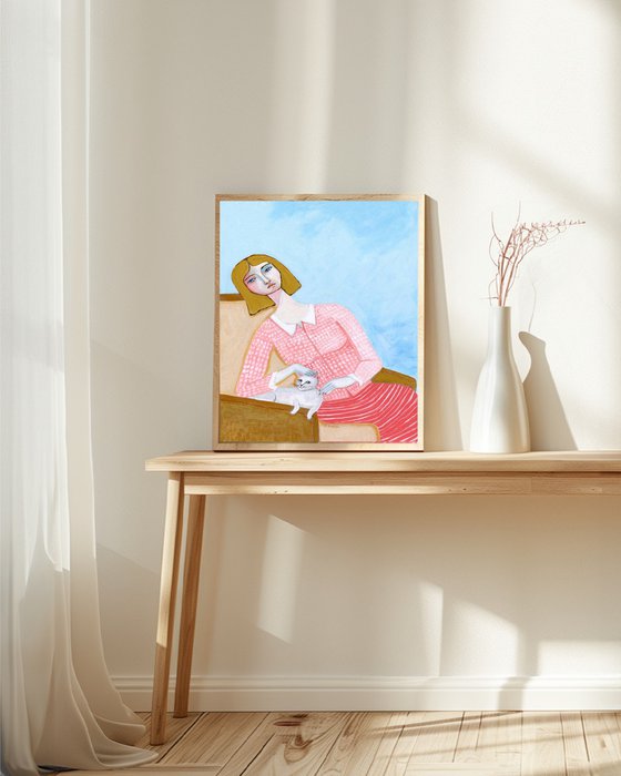 Lady Sitting with White Cat