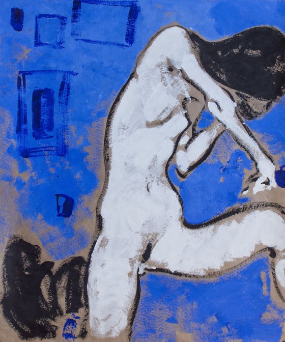 Nude figure on blue.