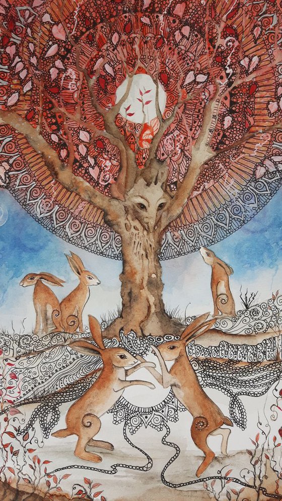 Hares and Mandala Tree, Original Watercolour Painting