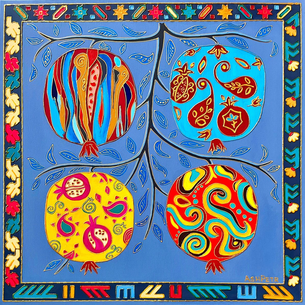 Abstract Acrylic Painting By Ashot Petrosyan, 24 X 24, Pomegranate Branche, Original Artwork