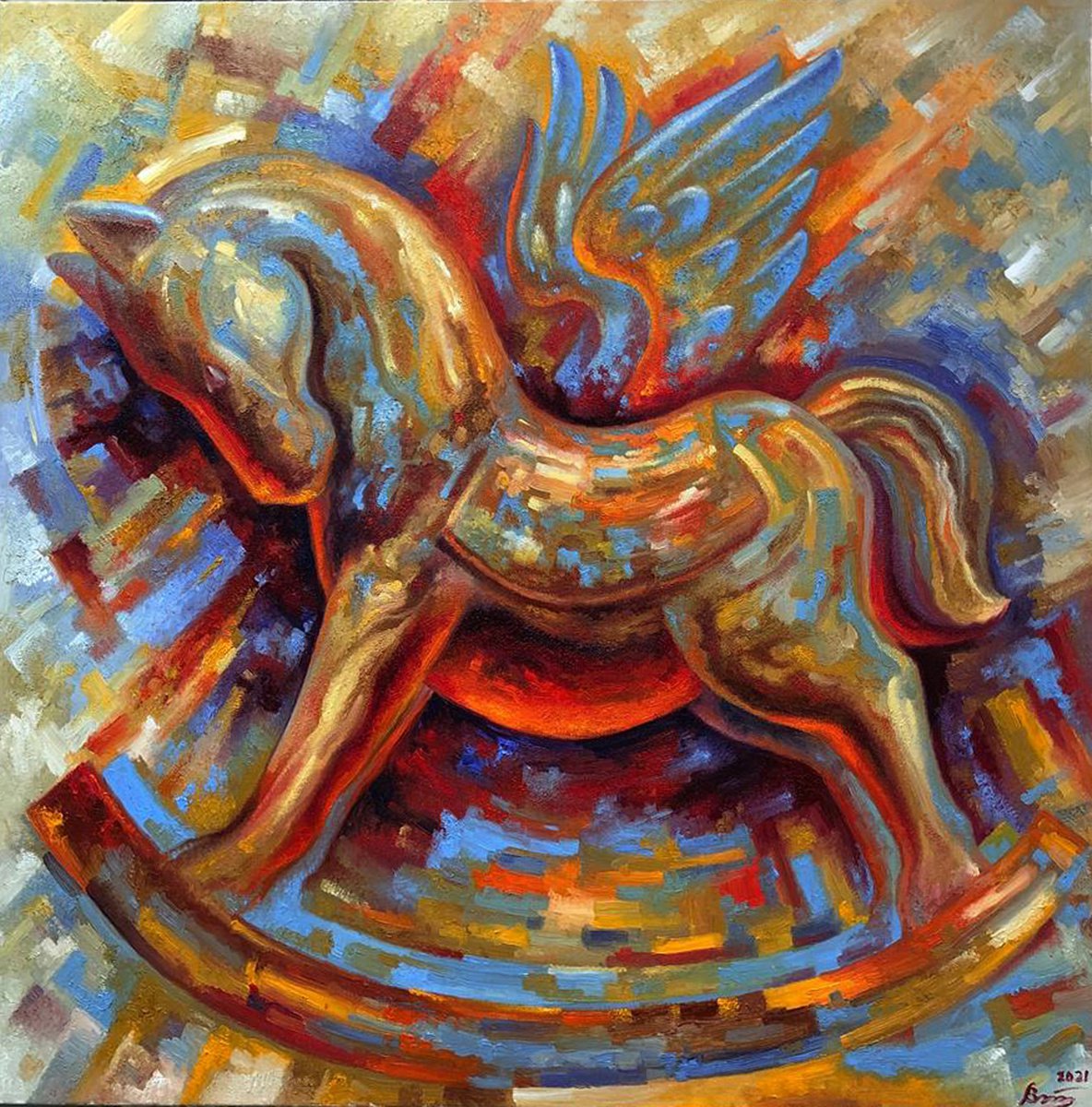 Impressionistic Animal Oil Painting By Serhii Voichenko, 32 X 32", Pegasus, Original Artwork